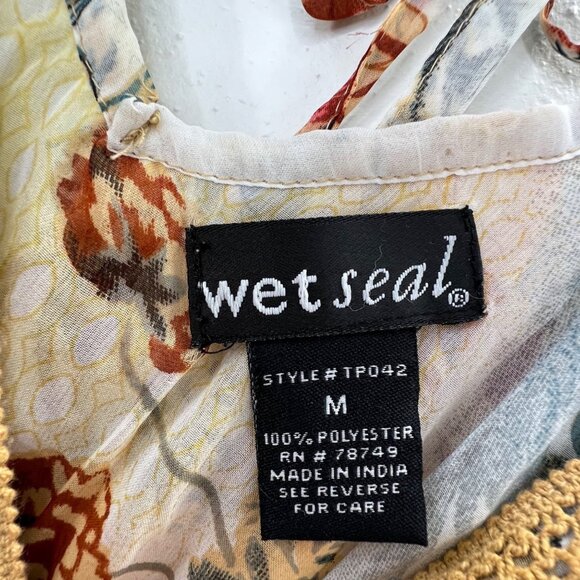 Wet Seal Blouse Top M Floral Semi Sheer Tiered Crochet Rhinestones Mustard Tan - Picture 6 of 6